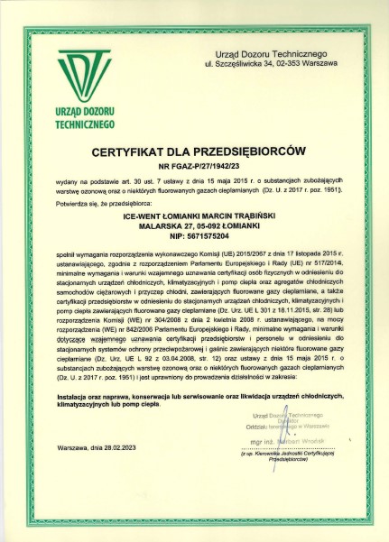 Certyfikat Urzędu Dozoru Technicznego dla Ice Went Łomianki